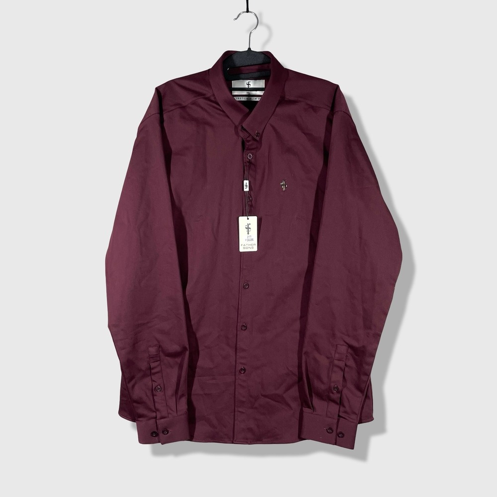 Father Sons Button Down Shirt Mens XXL Burgundy Stretch Slim Fit Formal Business